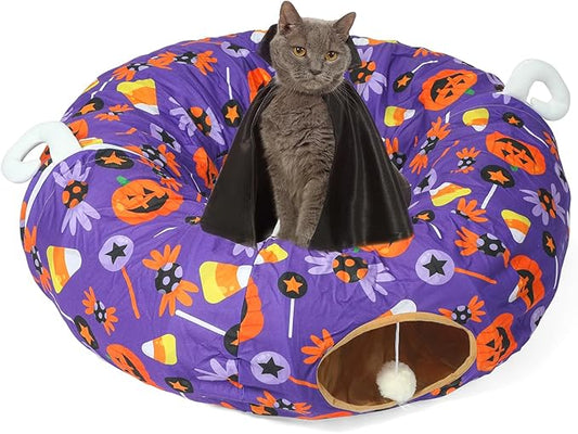 LUCKITTY Halloween Decorative Cat Tunnel Bed - 3FTx3FTx9.8IN - Purple Cat Toy Tunnel Bed Pumpkin and Candy Pattern- Perfect Cozy Hideaway for Small Animals