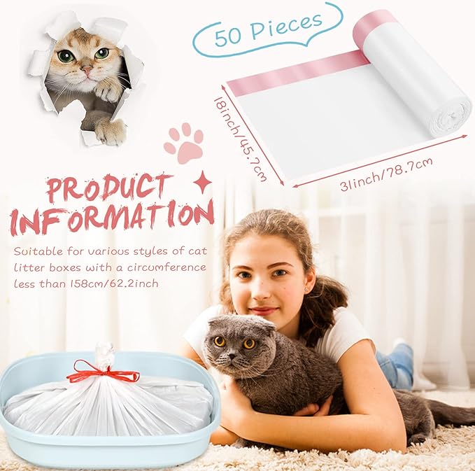 Colarr 50 Count Large Cat Litter Box Liners 31 x 18 Inch Liners Bags with Drawstring Cat Liners for Litter Box Pets Cats