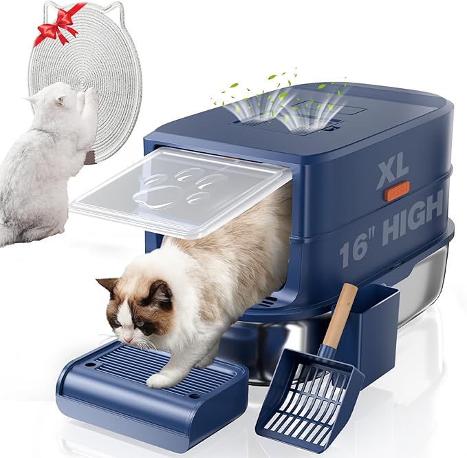 Stainless Steel Cat Litter Box with Lid - 3 in 1 Enclosed Cat Litter Box XL Extra Large Odor Control Covered Metal Litter Pan for Big Multiple Cats Includes Step, Scoop, Cat Scratcher Mat