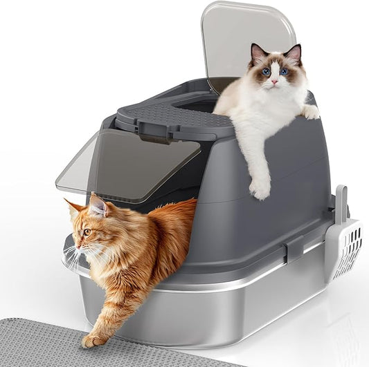 Stainless Steel Litter Box with Lid,Large Enclosed Cat Litter Box, Covered Metal Litter Tray for Easy Cleaning & Odor Control, Includes Scoop and Litter Mat, Hooded Cat Litter Pan for Kitten (Gray)