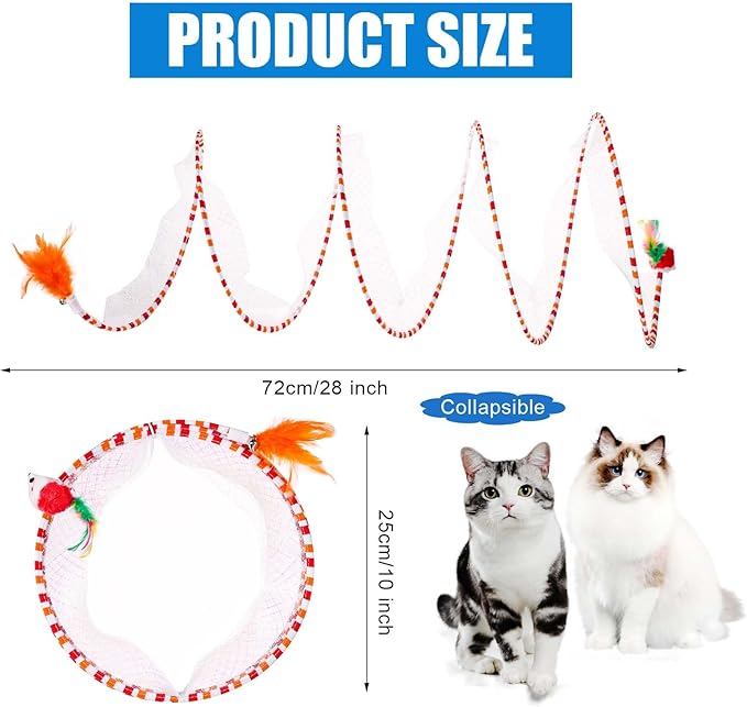 2pcs Cat Tunnels for Indoor Cat, S Type Folded Cat Tunnel Spring 10in Large Size Collapsible Spiral Cat Toy with Feather and Mouse Toy for Pet Puppy Kitten Interactive Exercise(Striped Green, Red)
