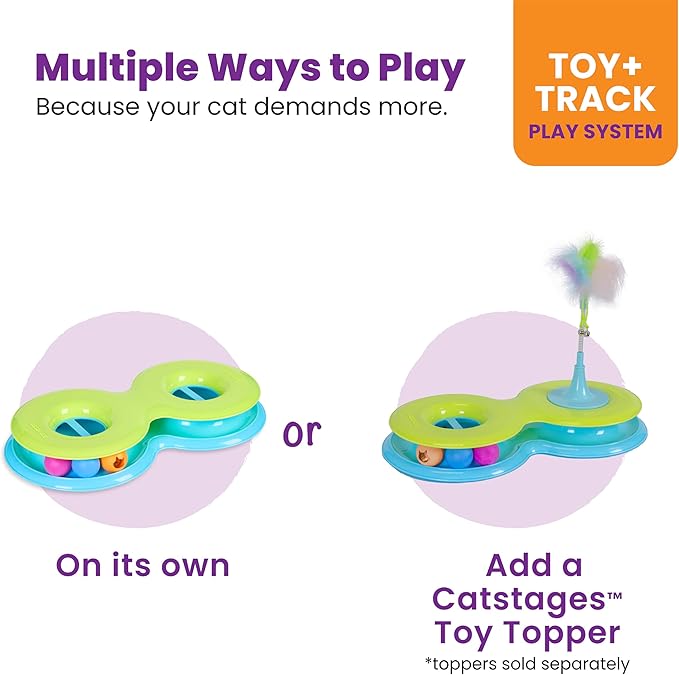 Catstages Infinity Ball Track for Cats with Two Balls, Including One Light-Up Ball, Figure-8 Shaped Cat Ball Track Compatible Topper Toys, Green