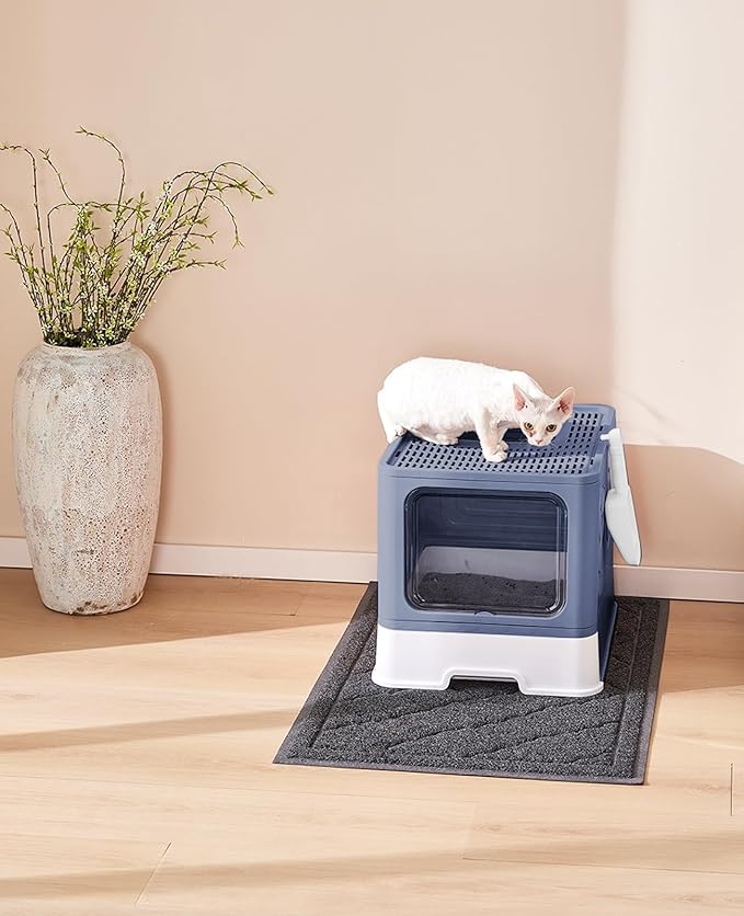 Cat Litter Box with X-Large Litter Mat and Scoop, Large Foldable Litter Box with Lid, Front Top Entry Exit Kitty Litter Box, Odor Control Easy Clean (Upgrade Midnight)