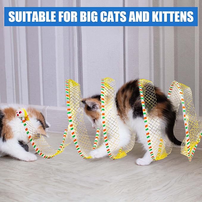 2pcs Cat Tunnels for Indoor Cat, S Type Folded Cat Tunnel Spring 10in Large Size Collapsible Spiral Cat Toy with Feather and Mouse Toy for Pet Puppy Kitten Interactive Exercise(Striped Yellow, Purple)