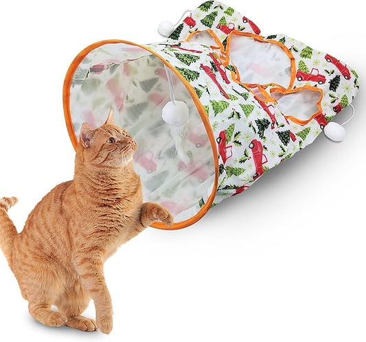 Andiker Cat Tunnel Bags for Indoor Cats, 13x17x12In Foldable Cat Crinkle Bag with 3 White Plush Balls and 1 Mouse 5 Holes for Kitten to Hide and Catch 3 Layers Cat Toy (Forest)