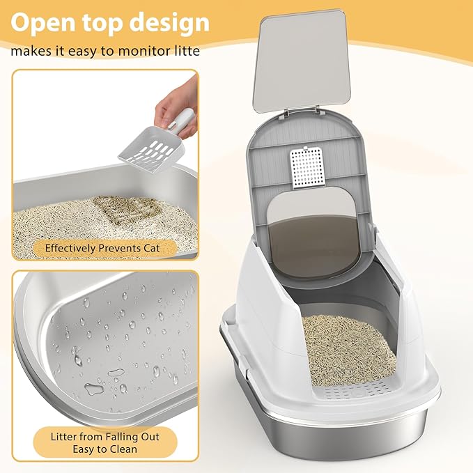 Stainless Steel Litter Box with Lid,Large Enclosed Cat Litter Box, Covered Metal Litter Tray for Easy Cleaning & Odor Control, Includes Scoop and Litter Mat, Hooded Cat Litter Pan for Kitten (White)