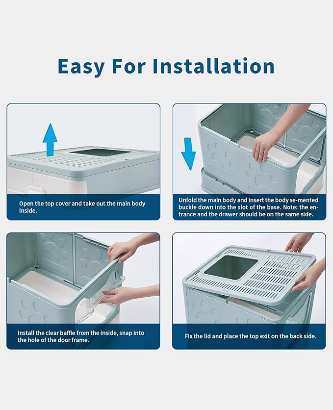 Cat Litter Box with Litter Mat and Scoop, Large Foldable Litter Box with Lid, Front Entry Top Exit Kitty Litter Box, Odor Control Easy Clean (Blue)