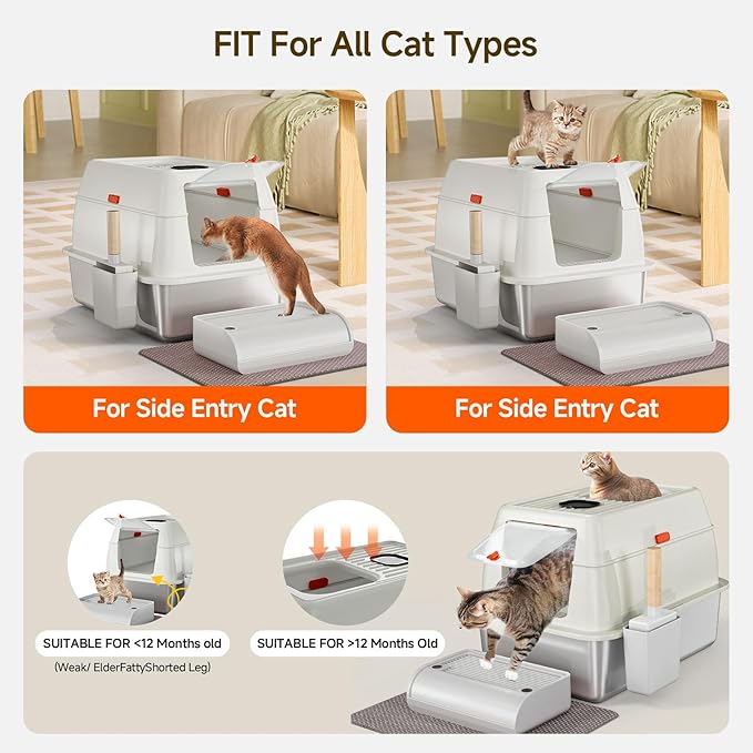 Stainless Steel Litter Box with Lid,Extra Large Metal Litter Box for Big Cats,Front Entry Top Exit Kitty Litter Box,Covered Litter Box with Triple Pedal,Scoop and Mat,Odor Free,Non-Sticky,Anti-Leakage