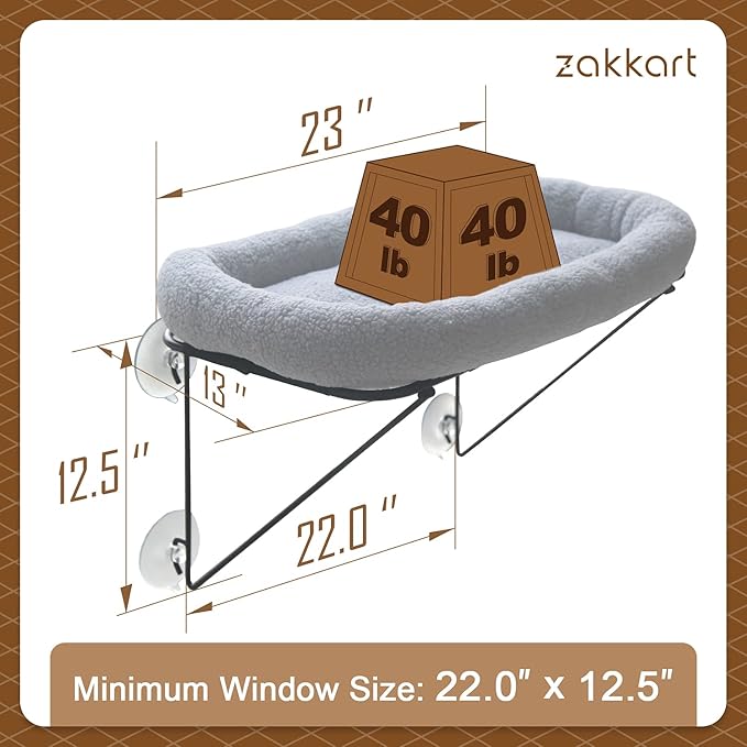 Cat Window Perch - 100% Metal Supported from Below - Comes with Warm Spacious Pet Bed - Cat Window Hammock for Large Cats & Kittens - for Sunbathing, Napping & Overlooking (Grey)