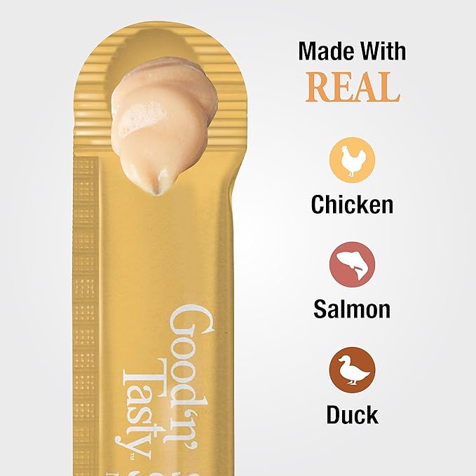 Good ‘n’ Tasty Savory Spoonables with Real Chicken, Salmon & Duck, 10 Count Tube, Triple Flavor Squeezable Lickable Wet Treats for Cats with Built-in Spoon for Less Mess