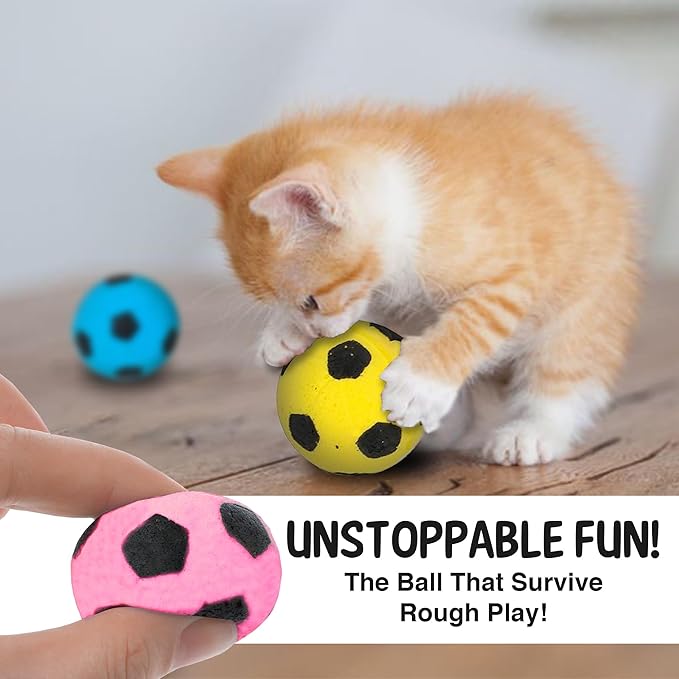 Vila Cat Soccer Balls, Feline Entertainment and Enrichment, Physical, and Mental Workout, Kitty’s Silent Companion, Foam Sponge, Pink, Yellow, Green, Blue, 1.5” -2” (Diameter), 12 Pcs per Pack