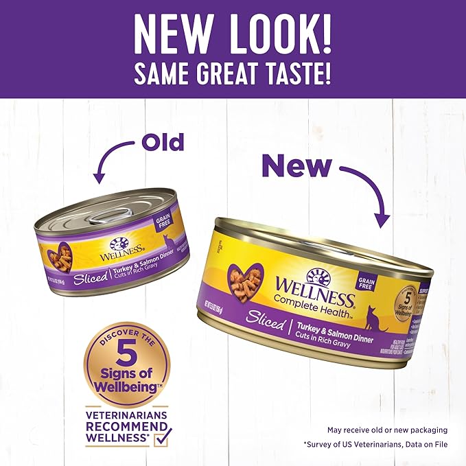 Wellness Complete Health Natural Grain Free Wet Canned Cat Food, Sliced Turkey & Salmon Entree, 5.5-Ounce Can (Pack of 24)