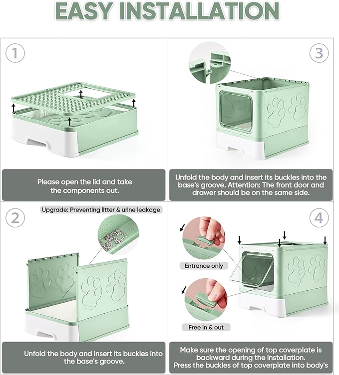 Cat Litter Box with X-Large Litter Mat and Scoop, Large Foldable Litter Box with Lid, Front Top Entry Exit Kitty Litter Box, Odor Control Easy Clean (Upgrade Green)