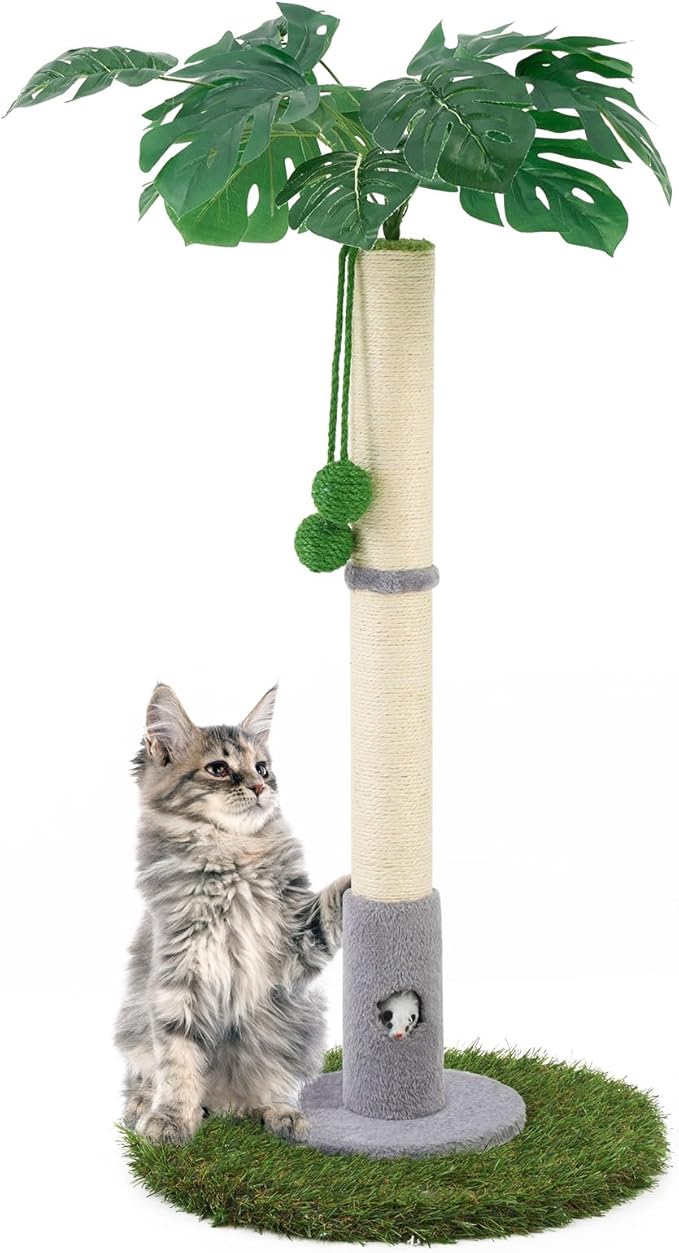 Cat Scratching Posts for All Cats with Hanging Ball and Sisal Rope Cat Toy, Simple Design - for Larger Cats - 35.43" Tall,Wooden Palm Tree Premium Basics Cat Toys Kitten(Grey