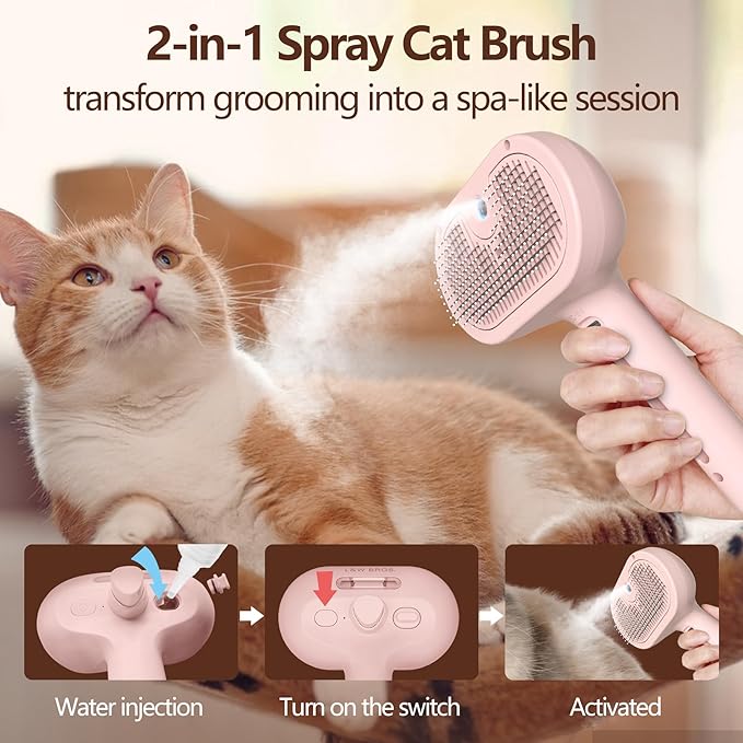 L&W BROS. Cat Steam Brush for Shedding Self Cleaning Steamy Cat Brush Cats Hair Grooming Brush Misting Cat Steamer Brush for Long Haired Cats(Pink)