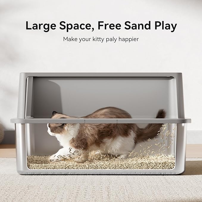Extra Large 28" x 20" Litter Box Pan for Big Cats Maine Ragdoll Metal Large Enclosed Stainless Steel Litterbox with Lid Litter Scoop Gray, Non-Sticky, Anti-Leakage, Easy Cleaning