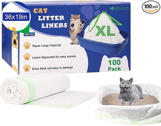 Cat Litter Box Liners Large - 100 Count Cat Litter Liners Jumbo Size 36'' x 19'' - Heavy Duty, Extra-Thick Kitty Litter Liners for Large Giant Litter Boxes - Drawstring Close