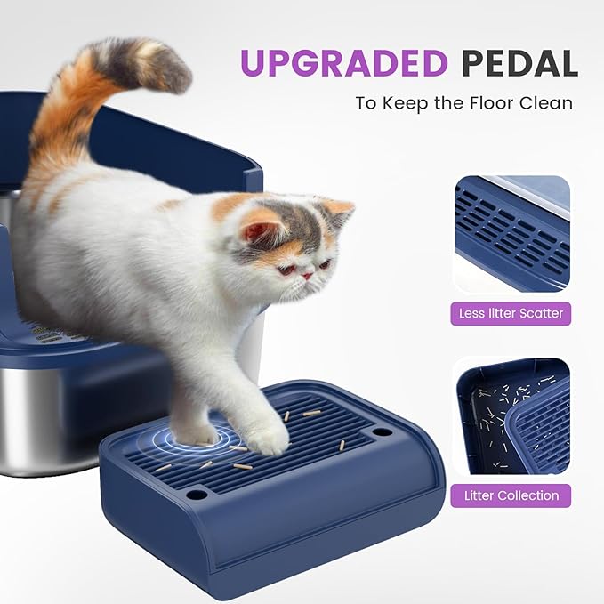 Stainless Steel Cat Litter Box with Lid - 3 in 1 Enclosed Cat Litter Box XL Extra Large Odor Control Covered Metal Litter Pan for Big Multiple Cats Includes Step, Scoop, Cat Scratcher Mat