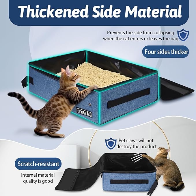 Petskd Portable Cat Travel Litter Box with Lid and 10 pcs Disposable Liner Bags, Leak-Proof and Collapsible, Cat Travel Essentials for Car Travel, Hotel, Airplane and Other Outdoor Use(Blue)