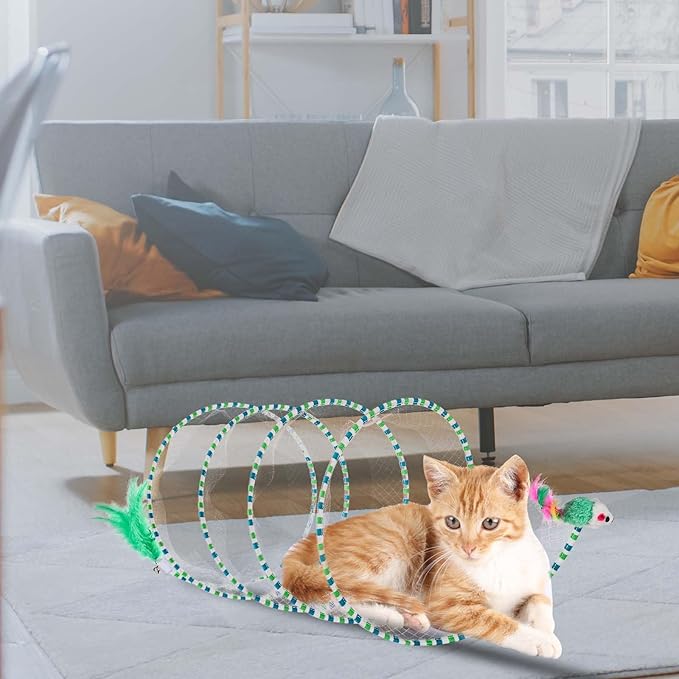 2pcs Cat Tunnels for Indoor Cat, S Type Folded Cat Tunnel Spring 10in Large Size Collapsible Spiral Cat Toy with Feather and Mouse Toy for Pet Puppy Kitten Interactive Exercise(Striped Green, Red)