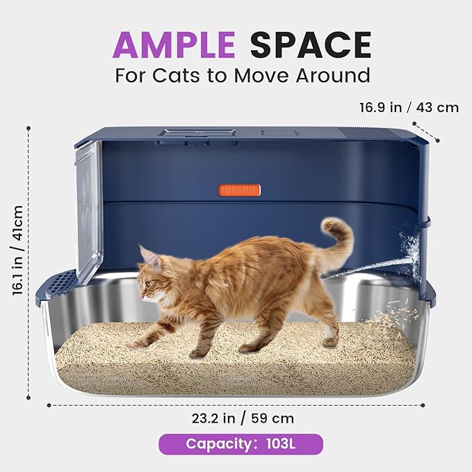 Stainless Steel Cat Litter Box with Lid - 3 in 1 Enclosed Cat Litter Box XL Extra Large Odor Control Covered Metal Litter Pan for Big Multiple Cats Includes Step, Scoop, Cat Scratcher Mat