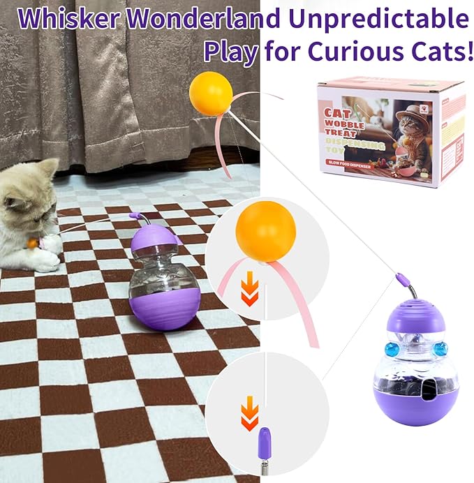 Cat Interactive Toy Indoor, Cat Treat Dispensing Toy, Slow Feeder Puzzle Toy for Cats, Food Dispensing Ball for Pets, Fun Interactive Enrichment Wand Toy for Cats