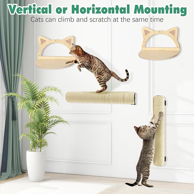 Wall Mounted Scratching Post for Cats 16 Inches Sisal Rope Cat Wall Scratcher Posts Wall Mount Cat Furniture for Indoor Kittty to Scratch and Climbing with Feather Toys