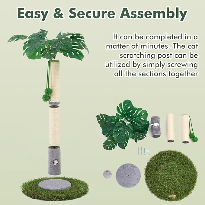 Cat Scratching Posts for All Cats with Hanging Ball and Sisal Rope Cat Toy, Simple Design - for Larger Cats - 35.43" Tall,Wooden Palm Tree Premium Basics Cat Toys Kitten(Grey