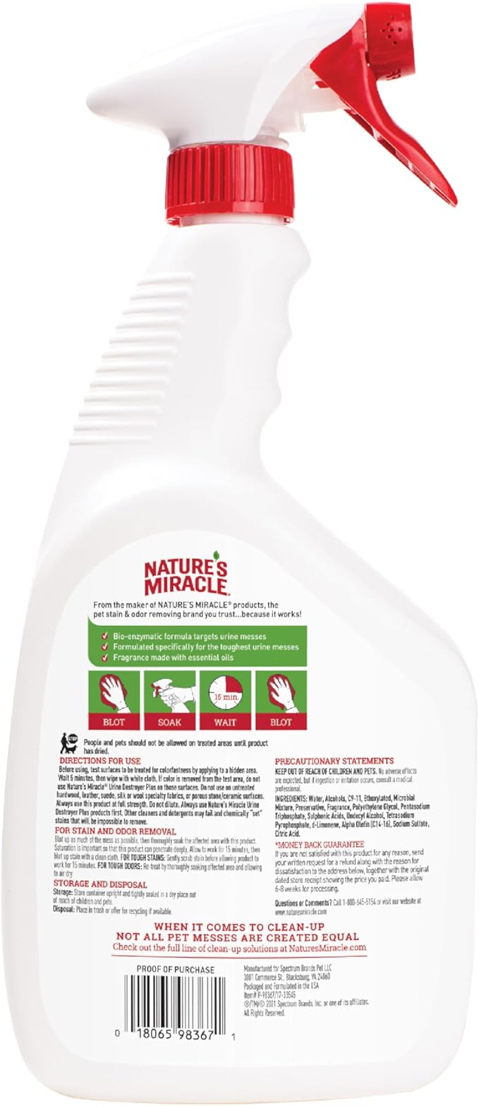Nature's Miracle Urine Destroyer Plus for Cats, Enzymatic Formula for Severe Cat Urine Stains, 32 oz