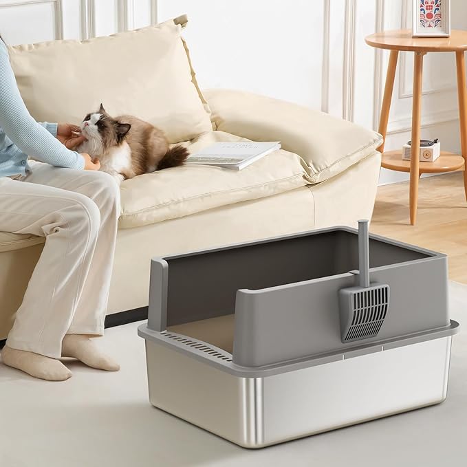 Extra Large 28" x 20" Litter Box Pan for Big Cats Maine Ragdoll Metal Large Enclosed Stainless Steel Litterbox with Lid Litter Scoop Gray, Non-Sticky, Anti-Leakage, Easy Cleaning
