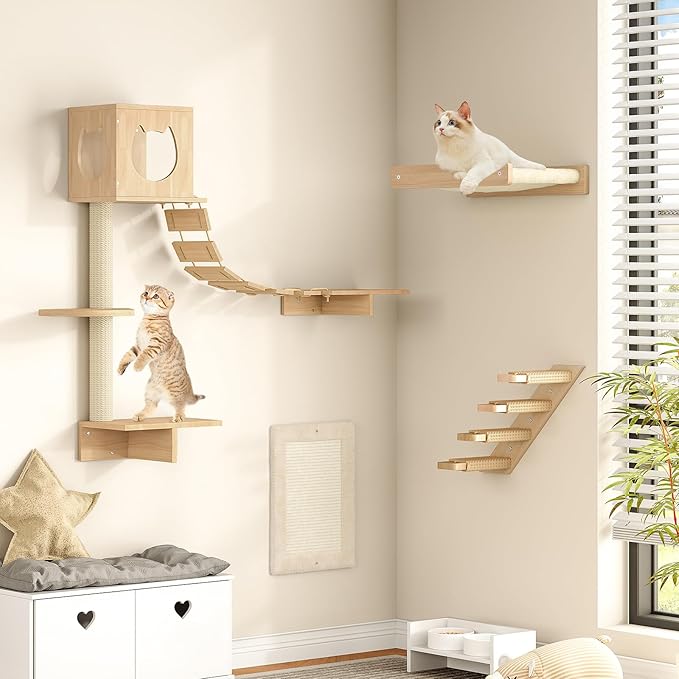 HOOBRO Wood Cat Wall Shelves, Set of 5 Cat Wall Furniture, Cat Corridor, Cat House, Cat Plush Hammock, Scratching Board and Cat Climbing Shelves, Sturdy, Durable and Safe, Natural NL45CS03