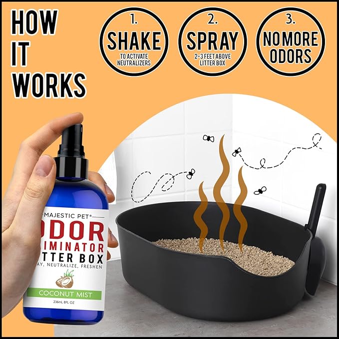 Majestic Pet Litter Box Deodorizer 8 FI Oz – Cat Litter Box Odor Eliminator - Litter Odor Eliminator Works on all Litter Types – Cat Litter Box Air Freshener-Cat Litter Deodorizer Spray Coconut Mist