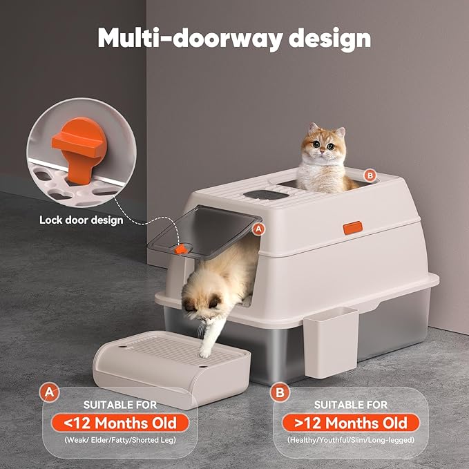 Stainless Steel Cat Litter Box with Lid Scoop, Extra Large Enclosed Metal Litter Box, Front Entry Top Exit Covered Toilet Big Cat Litter Box, Removable Hooded Corner Kitty Litter Pan Boxes