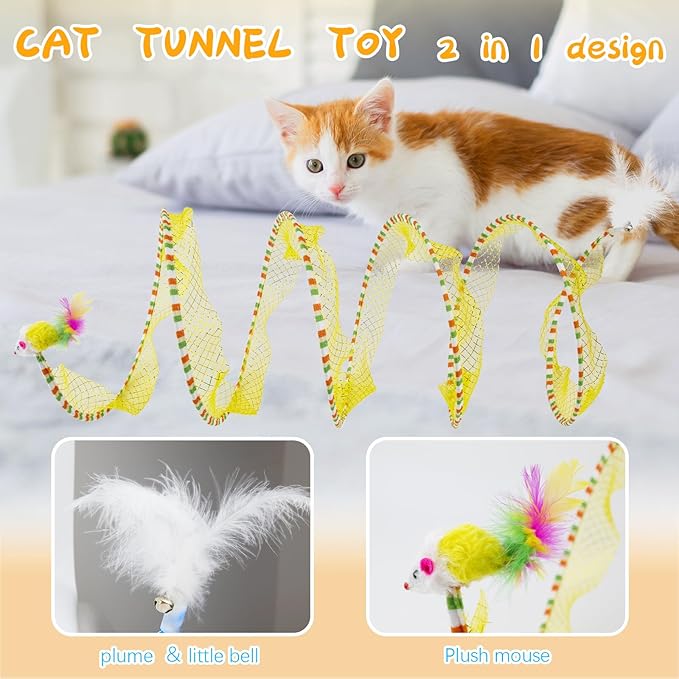 2 Pcs Cat Tunnels for Indoor Cats - S Type Foldable Cat Spiral Tunnel Toy, Decompression Interactive Self-Play Cat Hunting Spiral Tunnel Cat Drill Bag with Plush Ball Cat Toys
