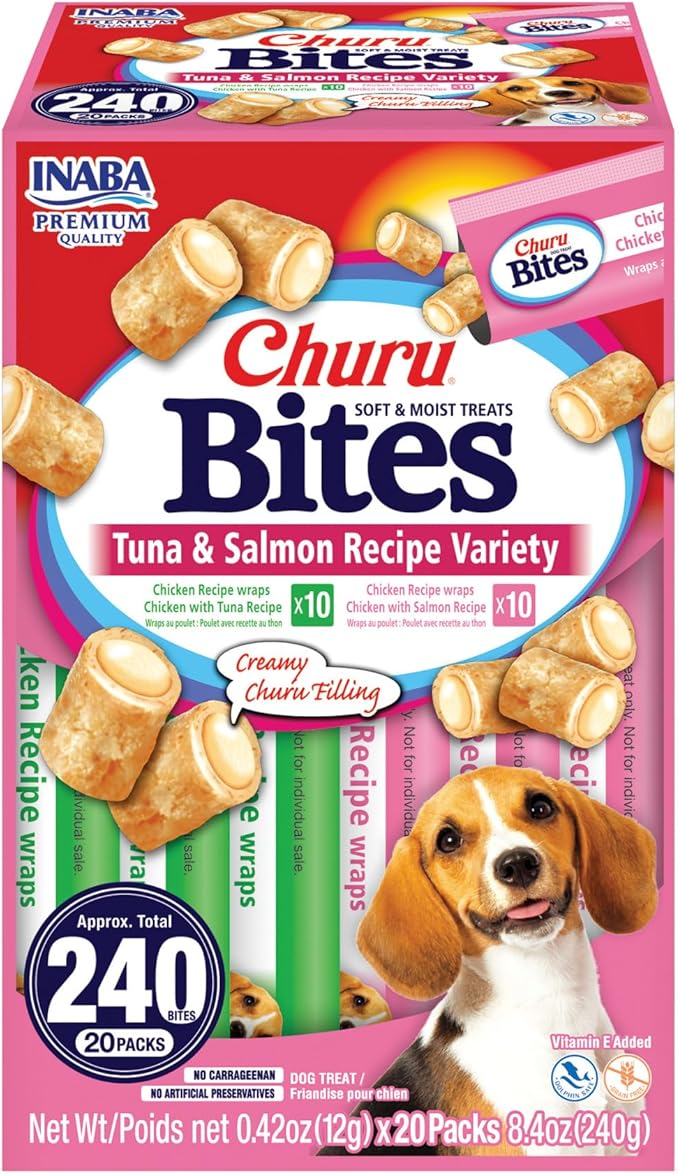 INABA Churu Bites Dog Treat, Grain-Free, Baked Chicken Filled with Churu, Chicken Recipe Wraps Tuna Recipe & Salmon Recipe 20 Pack Variety