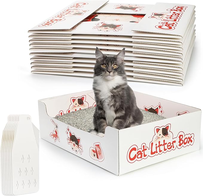 Lawei 8 Pack Disposable Litter Boxes for Cats, Foldable Paper Kitty Litter Tray with Scoop, Double Layer Waterproof Cat Litter Box for Travel, Small Pets Liner Pan, 14.8 x 11.6 x 4.7inch, Lightweight