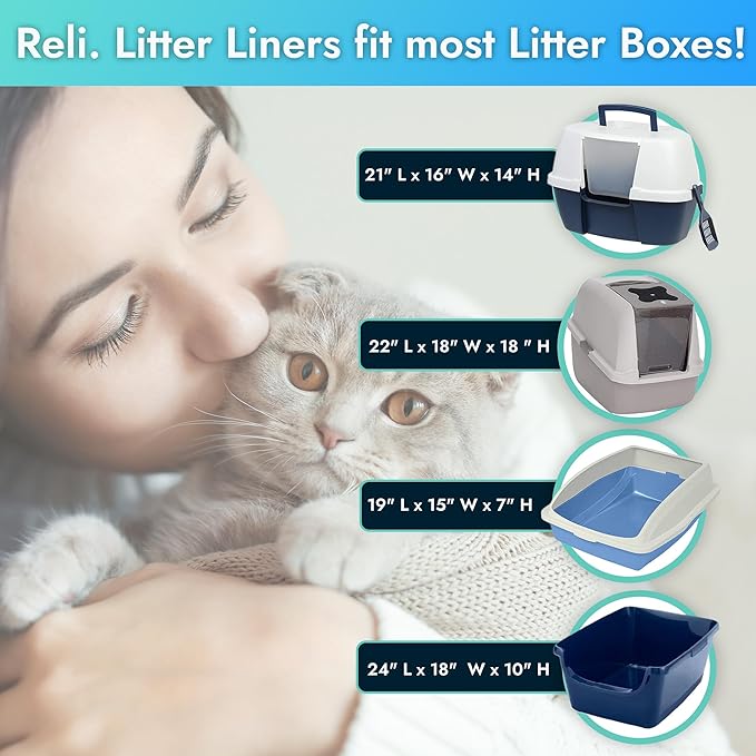 Reli. Cat Litter Box Liners (18 Count), Jumbo | Drawstring Litter Box Liner | Heavy Duty Lining for Cat Pan, Pet Waste | Kitty Poop Bags, Drawstring Handles (White)