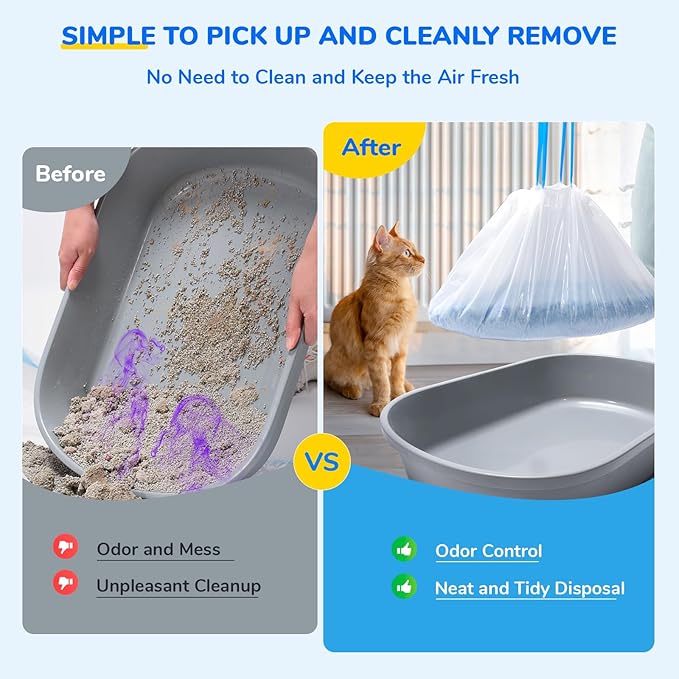 Cat Litter Bags with Drawstring, Size 37"x 13.8", Large Litter Pan Liners Compatible with Pet Scoop Free Self-Cleaning Box Tray, Tear and leak proof Pet Waste Bags, 20 Count