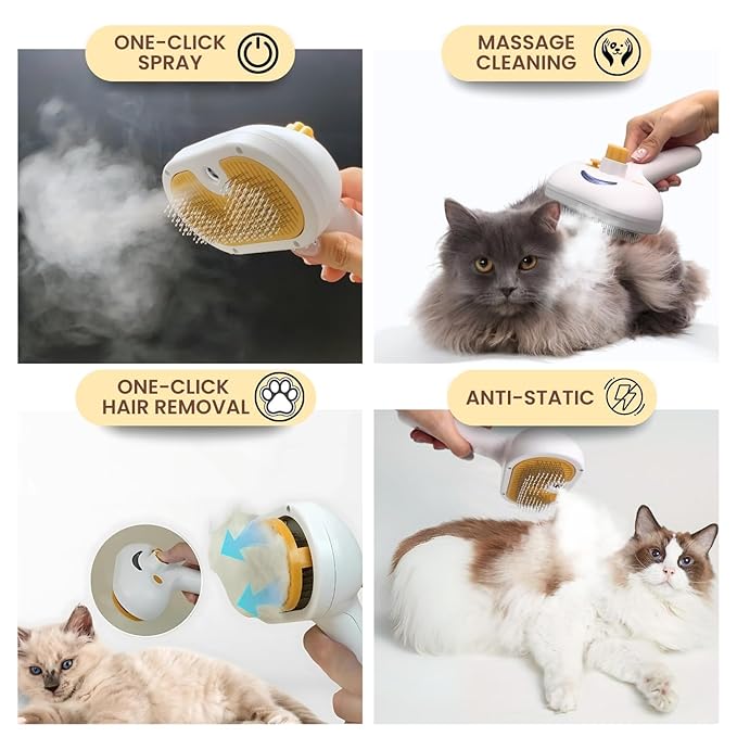Self-Cleaning Pet Steam Brush & Detangling Comb for Cats and Dogs - Pet Grooming Brush with Spray, Removes Tangles & Knots, Water/Mist Slicker Brush for Shedding Long Haired Pets