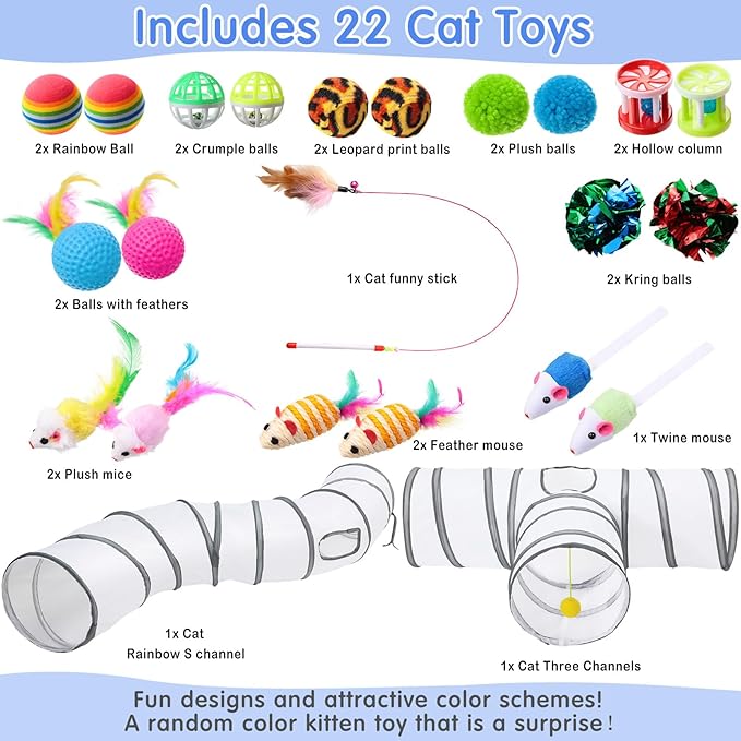 Wettarn 22 Pieces Cat Toys Set, with 2 Collapsible Cat Tunnels for Indoor Cats and 20 Kitten Toys Cat Tubes and Tunnels Interactive Cat Feather Toy Mouse Crinkle Balls for Cats Puppies (White)