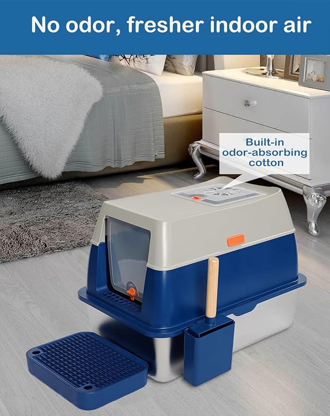 XL Stainless Steel Enclosed Litter Box with Covered, High Sides, Eliminates Odors, Hooded Cat Litter Box, Easy Clean, Extra Large Metal Litter Box with lid for Indoor Cats, Blue, FOXORU