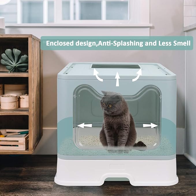 Foldable Cat Litter Box with Lid, Enclosed Cat Potty, Top Entry Anti-Splashing Cat Toilet, Easy to Clean Including Cat Litter Scoop and 2-1 Cleaning Brush (Blue) Large