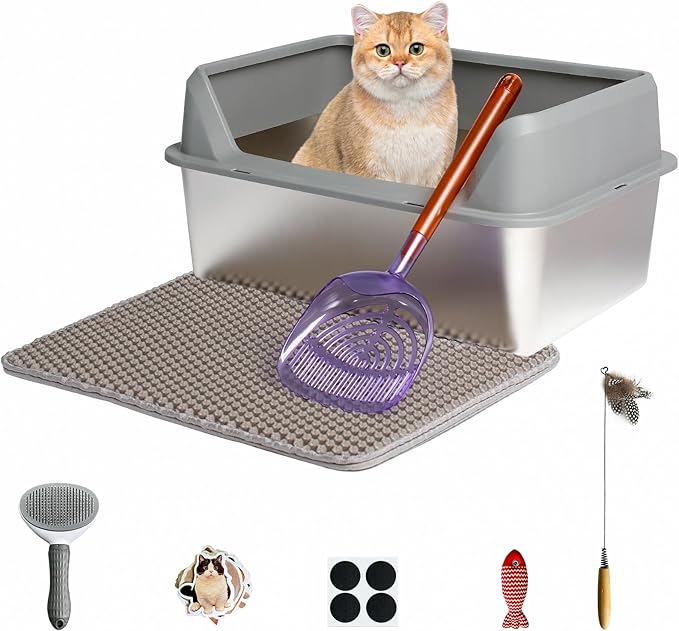 Stainless Steel Cat Litter Box with Lid,Large Litter Box with Side Entrance,Kitty Litter Pan High Sided,Anti-Urine Leakage,Easy to Clean,Included Scoop,Litter Mat&Fish Toys,Brush