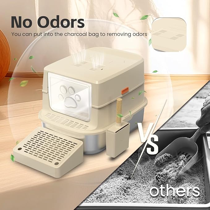 Stainless Steel Cat Litter Box with Lid, 3 in 1 Removable Litter Box for Big/Multiple Cats, High Sides Kitty Litter Pan, Leak-Proof XL Extra Large Enclosed Metal Litter Box Easy Clean with Scoop & Mat