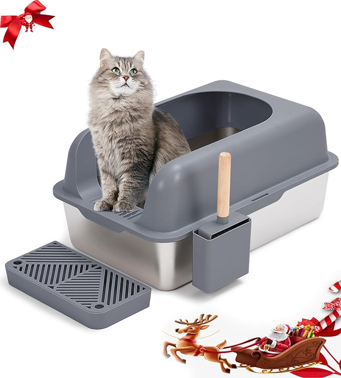 Extra Large Stainless Steel Litter Box with Lid, High Sides Covered Metal Jumbo Cat Litter Boxes for Big Cats, Anti Leakage, Never Absorbs Odors, Non-Sticky, FOXORU