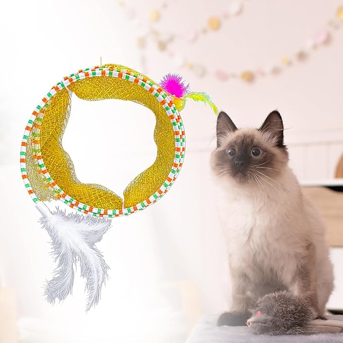 Cat Tunnel with Feather Portable Folding Elastic Mesh Spring Tunnels S Type Tunnel Cat Toy for Pet Supplies Accessories, Yellow