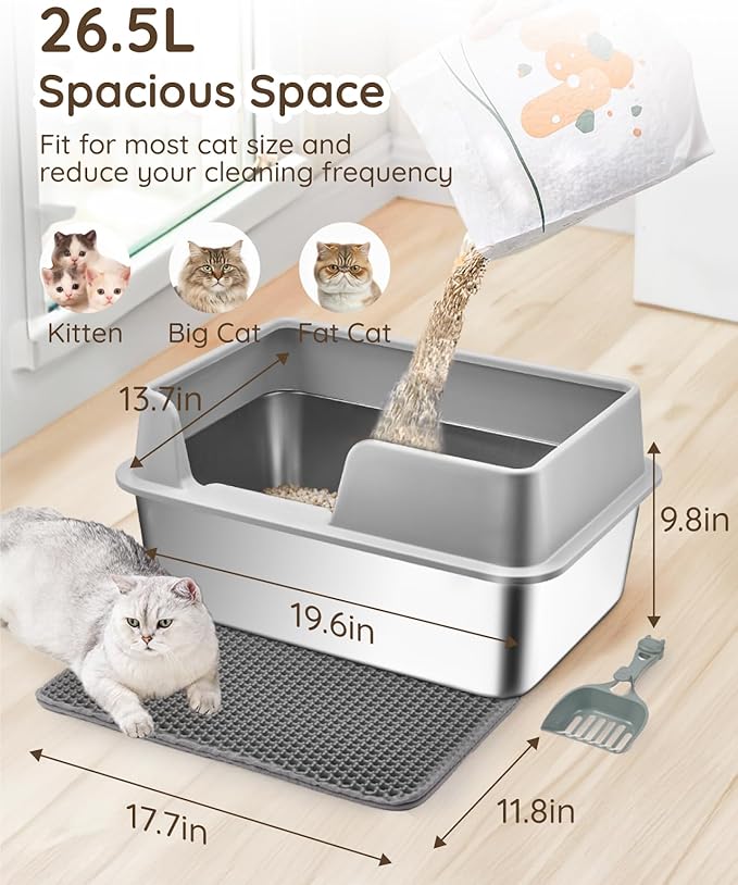 Stainless Steel Litter Box - Cat Metal Litter Box with Splash-Proof Lid, Easy Cleaning & Odor-Less Stainless Steel Cat Litter Box with Double Layer Litter Mat, Litter Scoop, Brush, 20” x14”
