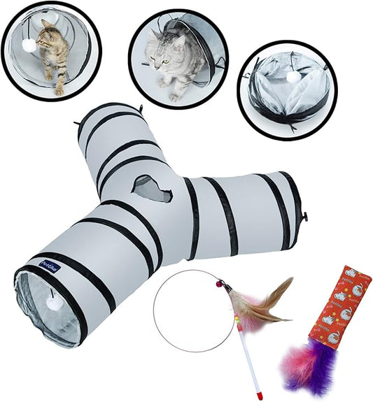 PetLike Cat Tunnel (with Interactive Cat Toy and Catnip Toy) for Indoor Cats Collapsible Pop-up Pet Tube Peek Hole Hideaway Play Toys for Cats with Ball