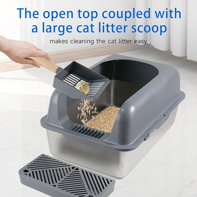 Extra Large Stainless Steel Litter Box with Lid, High Sides Covered Metal Jumbo Cat Litter Boxes for Big Cats, Anti Leakage, Never Absorbs Odors, Non-Sticky, FOXORU