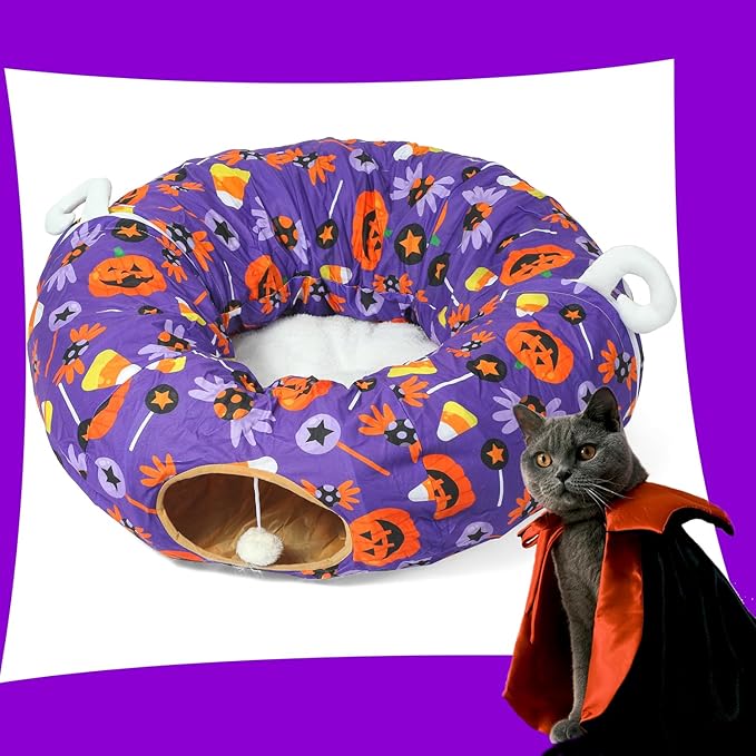 LUCKITTY Halloween Decorative Cat Tunnel Bed - 3FTx3FTx9.8IN - Purple Cat Toy Tunnel Bed Pumpkin and Candy Pattern- Perfect Cozy Hideaway for Small Animals